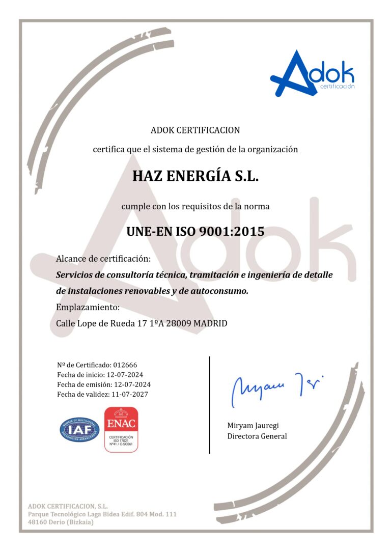 Certificado de Calidad ISO 9001 — Haz Energía