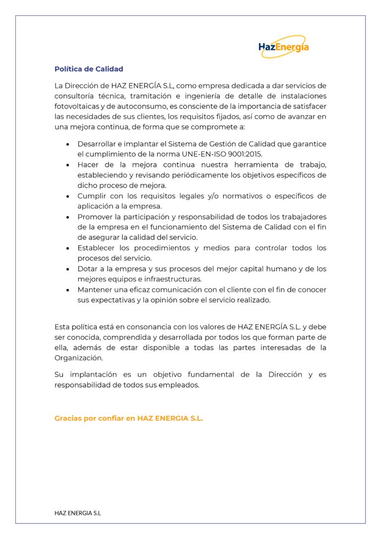 Política de Calidad — Haz Energía